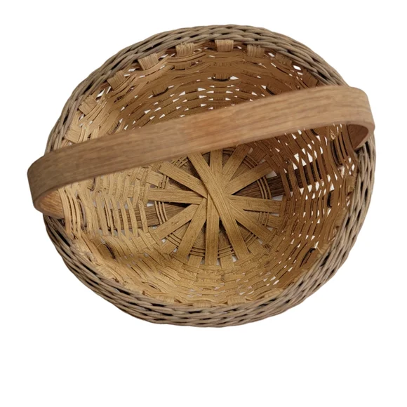 Basket Woven Brown Tall Single Oak Handle Decorative 8" x 7" Vintage Sturdy. - Picture 3 of 8